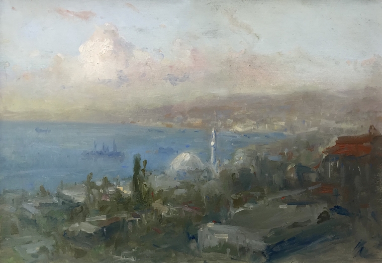 Istanbul at Evening, Original oil Painting, Museum Quality, One of a Kind        